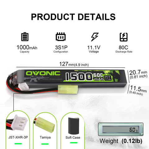 Ovonic 2S Lipo Battery 1500mAh 2S1P 60C 7.4V Airsoft Lipo Battery with Tamiya Connector for Airsoft Guns