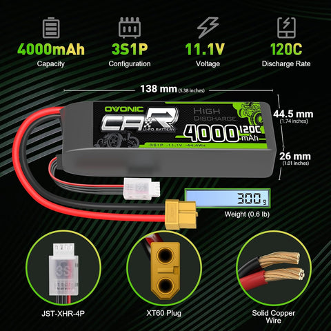 OVONIC 11.1V 3S LiPo Battery 4000mAh 120C with TRA Plug for 1/10 Scale RC Cars & Trucks