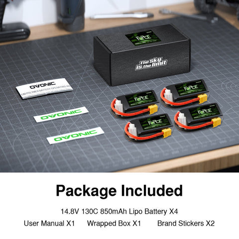 4-Pack Ovonic Force 4S 850mAh 130C 11.1V High C-Rate LiPo Battery w/XT30 Plug for FPV Quad, Freestyle Drone & Micro Jet