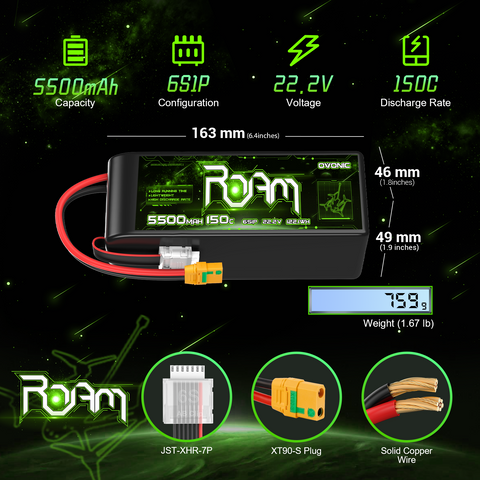 Ovonic Roam Series 6S Lipo Battery 5500mAh 6S1P 150C 22.2V Long Range Lipo Battery with XT90-S Anti Spark Plug for 7-10 inch Cinelifter Multirotor X-Class FPV Drone Long Range Drone