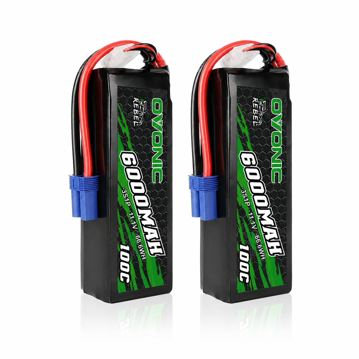 2-Pack OVONIC Rebel Series 11.1V 6000mAh 100C 3S Softcase LiPo Battery Pack with EC5 Connector