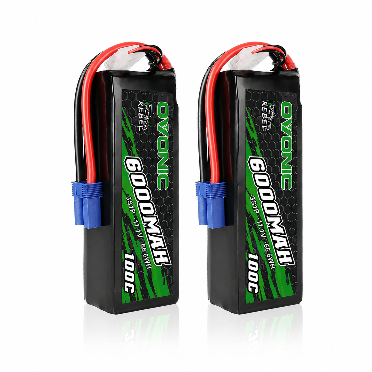 2-Pack OVONIC Rebel Series 11.1V 6000mAh 100C 3S Softcase LiPo Battery Pack with EC5 Connector