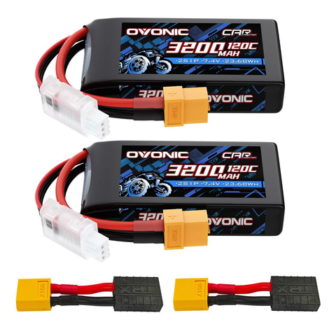 2 Pack Ovonic 3200mAh 7.4V 120C 2S LiPo Battery Pack with XT60-TRA Multi-Plug Connector for Traxxas and Standard RC Vehicles