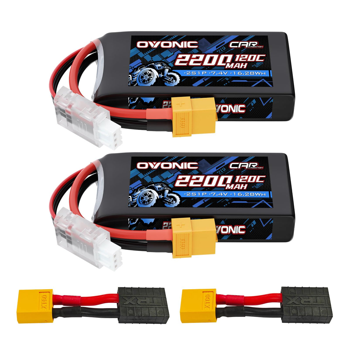 2 Pack Ovonic 7.4V 120C 2S 2200mAh LiPo Battery Pack with XT60-TRA Plug for Traxxas 1/16 Scale Vehicles and Mini RC Models