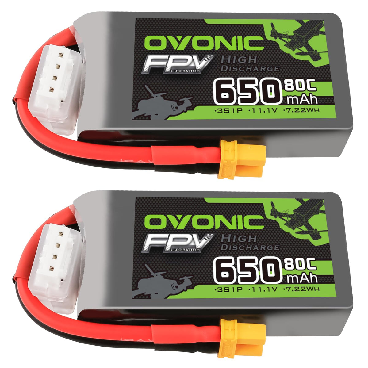 2 Pack Ovonic 650mAh 11.1V 80C 3S LiPo Battery Pack with XT30 Plug for Micro FPV Drones, Toothpick Quads, and Small RC Aircraft