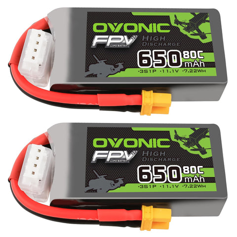 2 Pack Ovonic 650mAh 11.1V 80C 3S LiPo Battery Pack with XT30 Plug for Micro FPV Drones, Toothpick Quads, and Small RC Aircraft