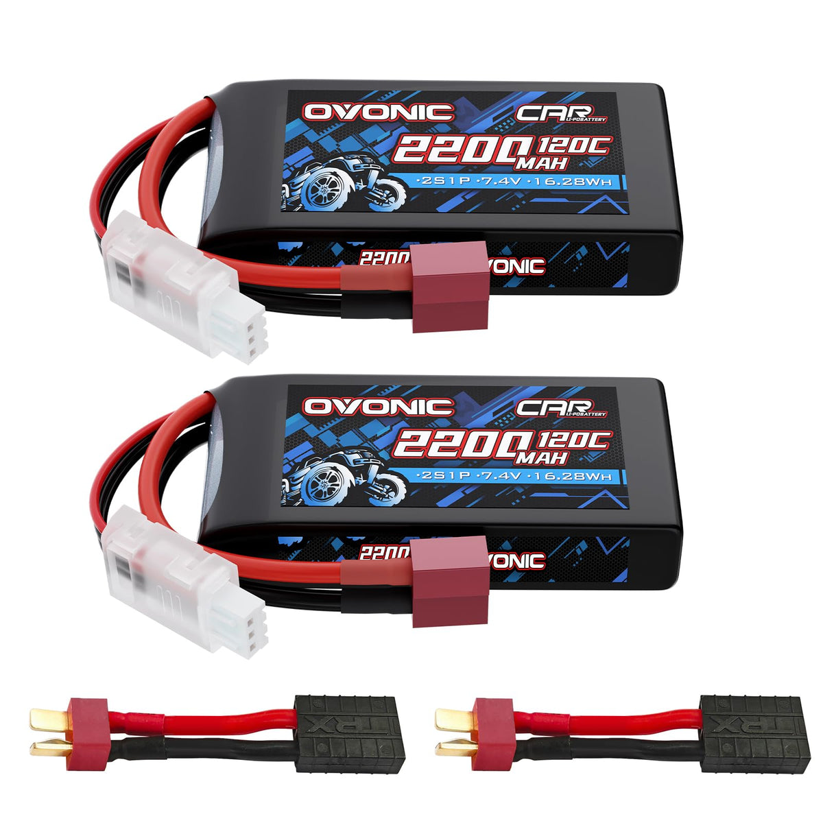 2Pack Ovonic 7.4V 120C 2S 2200mAh LiPo Battery Pack with T-TRA Plug for Traxxas 1/16 Scale Vehicles and Mini RC Models