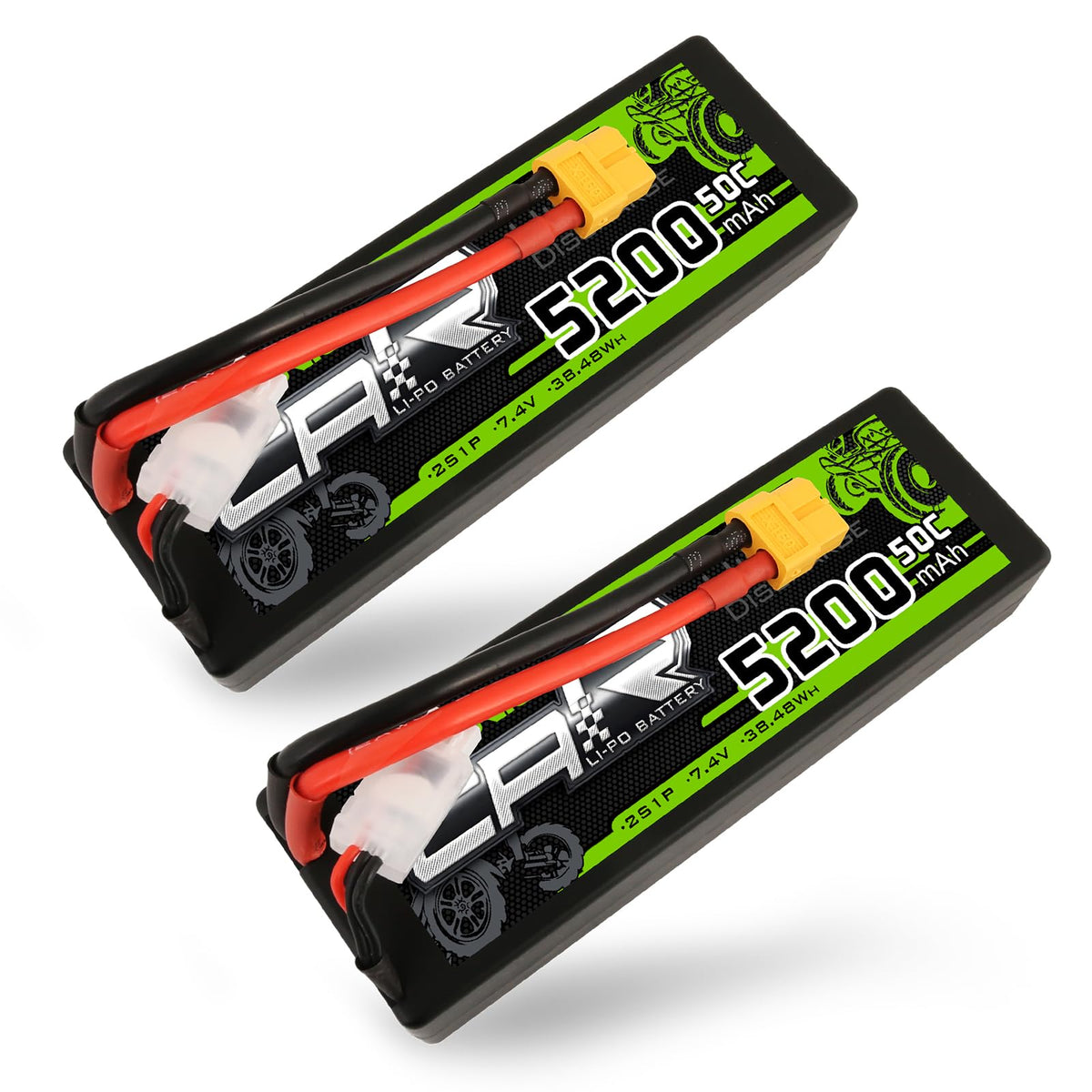 2 Pack Ovonic 5200mAh 7.4V 50C 2S Hardcase LiPo Battery Pack with XT60 Plug for 1/10 Scale RC Cars and Trucks