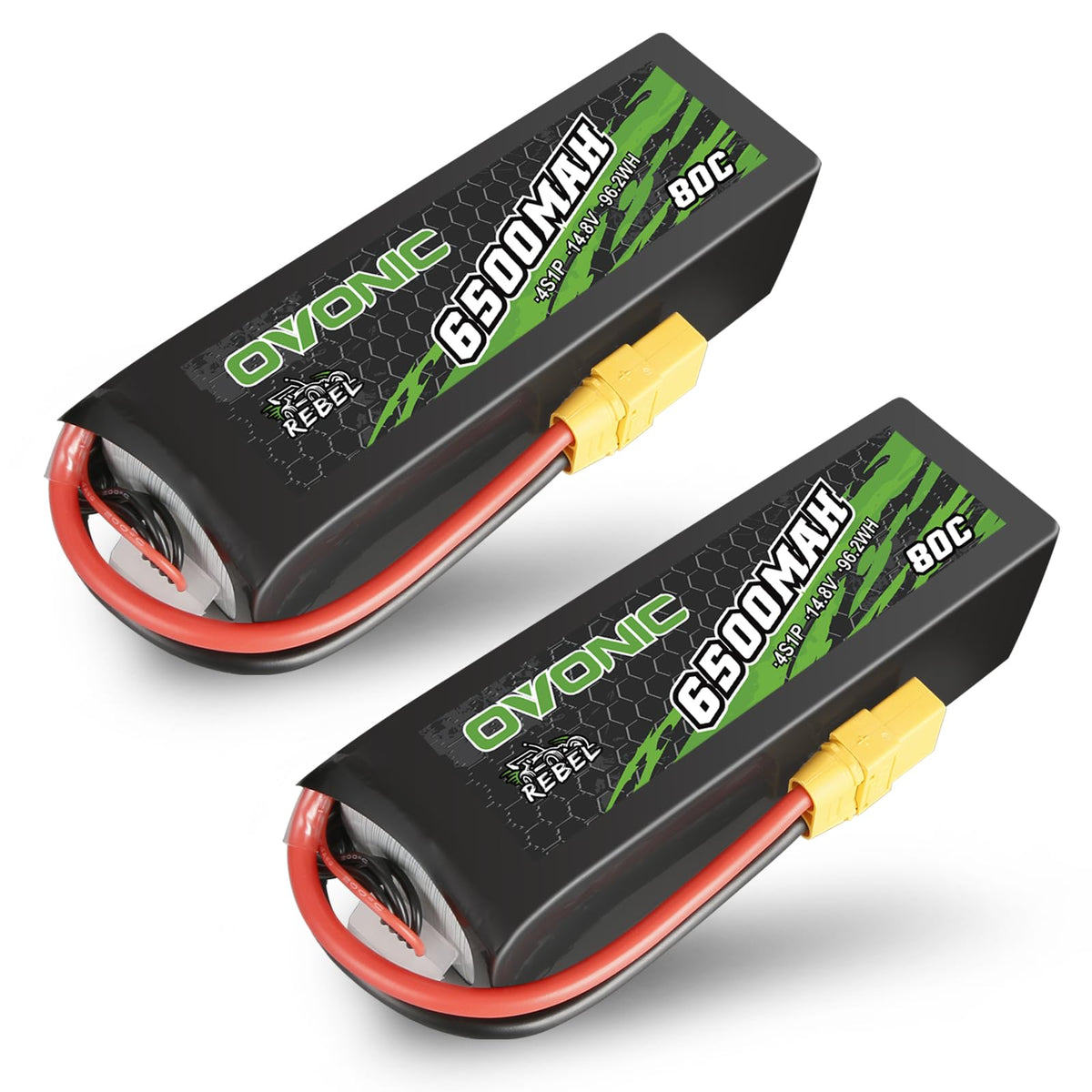 2 Pack Ovonic 6500mAh 14.8V 80C 4S Softcase LiPo Battery Pack with XT90 Plug for 1/8 Scale RC Cars, Heavy-Lift Drones, and Large Aircraft
