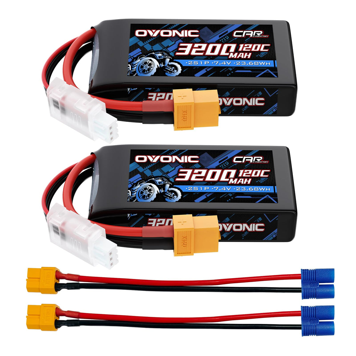 2 Pack Ovonic 3200mAh 7.4V 120C 2S LiPo Battery Pack with XT60-EC3 Multi-Plug Connector for RC Cars, Trucks, and Boats