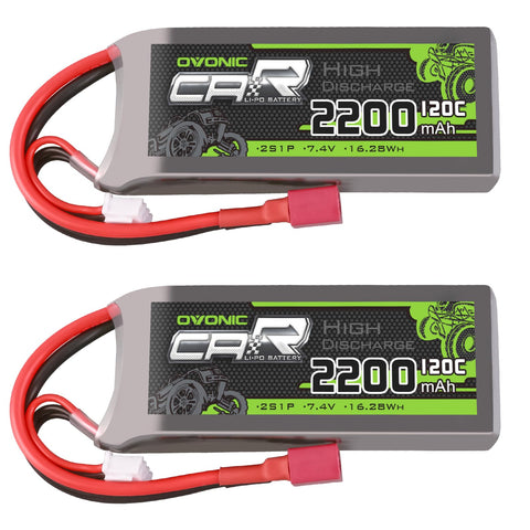 [2-Pack] Ovonic 2200mAh 7.4V 120C 2S LiPo Battery Pack with Deans T Connector for RC Cars, Trucks, and Boats