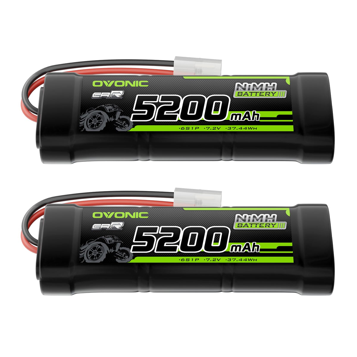 2-Pack OVONIC 7.2V 5200mAh NiMH RC Battery with TMY Connector | High-Capacity 6-Cell Stick Pack for 1/10 Scale RC Cars, Trucks, Buggies & Boats