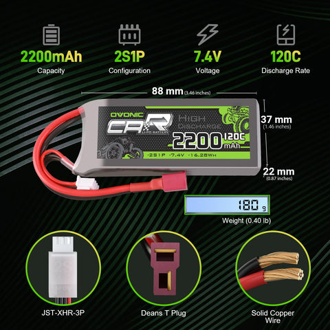 [2-Pack] Ovonic 2200mAh 7.4V 120C 2S LiPo Battery Pack with Deans T Connector for RC Cars, Trucks, and Boats
