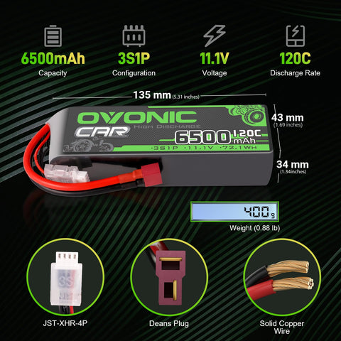 2 Pack Ovonic 6500mAh 11.1V 120C 3S Hardcase LiPo Battery Pack with Deans T Connector for RC Cars and Trucks