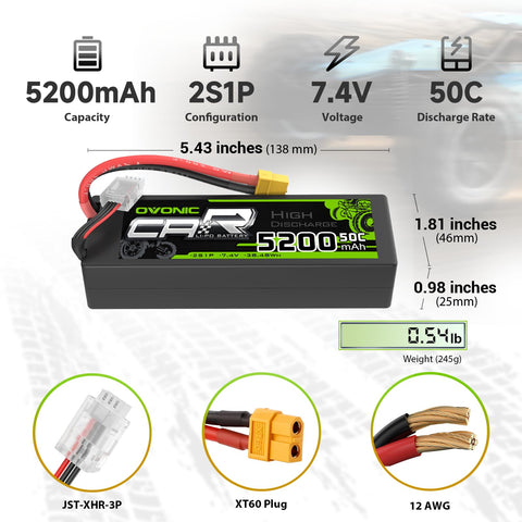 2 Pack Ovonic 5200mAh 7.4V 50C 2S Hardcase LiPo Battery Pack with XT60 Plug for 1/10 Scale RC Cars and Trucks