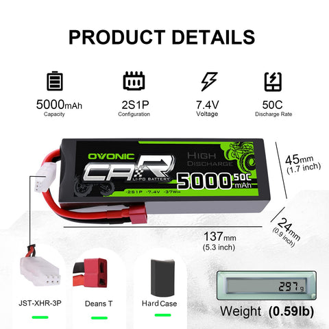 Batterie LiPo OVONIC 2S 7,4 V 5000 mAh 50C Boîtier rigide Connecteur Deans pour voitures RC à l'échelle 1/10, compatible HPI Racing (2 pièces/1 pièce)