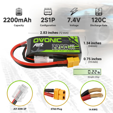 2Pack Ovonic 7.4V 120C 2S 2200mAh LiPo Battery Pack with XT60 Plug for Mini RC Cars, Trucks, and Small Scale Models