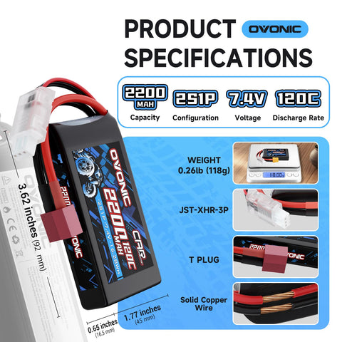 2Pack Ovonic 7.4V 120C 2S 2200mAh LiPo Battery Pack with T-TRA Plug for Traxxas 1/16 Scale Vehicles and Mini RC Models
