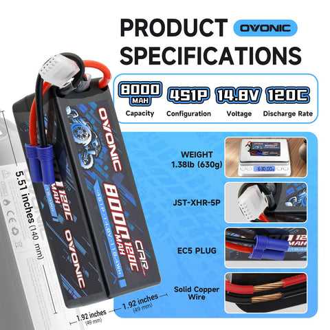 Ovonic 8000mAh 14.8V 120C 4S Hardcase LiPo Battery Pack with EC5 Plug for 1/8 and 1/6 Scale RC Cars and Trucks