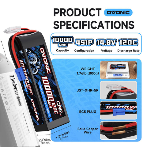 Ovonic 14.8V 120C 4S 10000mAh LiPo Battery Pack with EC5 Plug for RC Cars, Trucks, and Arrma Models