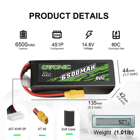 2 Pack Ovonic 6500mAh 14.8V 80C 4S Softcase LiPo Battery Pack with XT90 Plug for 1/8 Scale RC Cars, Heavy-Lift Drones, and Large Aircraft