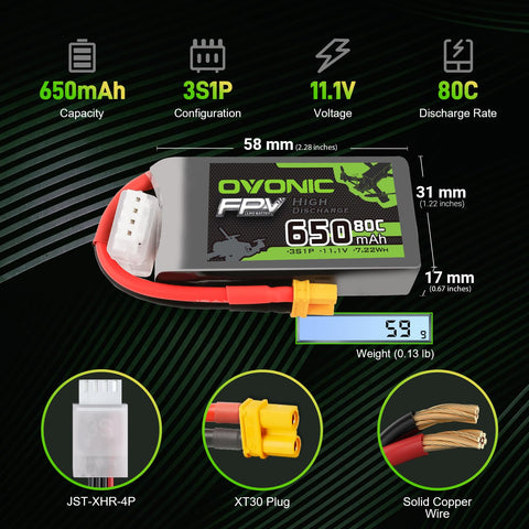 2 Pack Ovonic 650mAh 11.1V 80C 3S LiPo Battery Pack with XT30 Plug for Micro FPV Drones, Toothpick Quads, and Small RC Aircraft