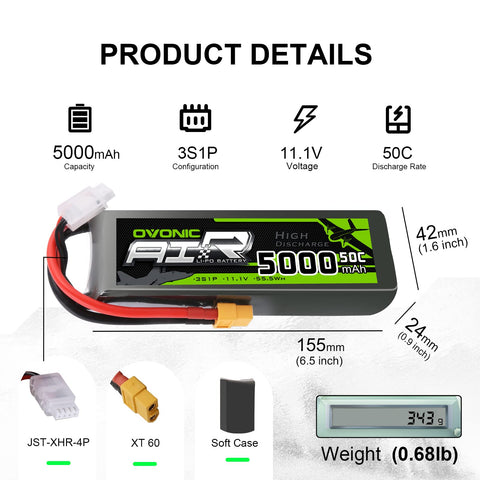 [2-Pack] Ovonic 5000mAh 11.1V 50C 3S LiPo Battery Pack with XT60 & TRX Adapter for RC Cars, Trucks, and Boats