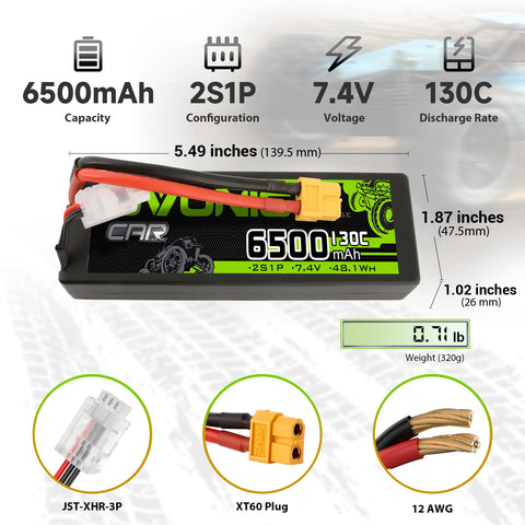 OVONIC 6500 mAh 7,4 V 130 C 2S Hardcase LiPo-Akku mit XT60-zu-TRA-Stecker für RC-Autos im Maßstab 1/10, LKW, RC-Fahrzeuge
