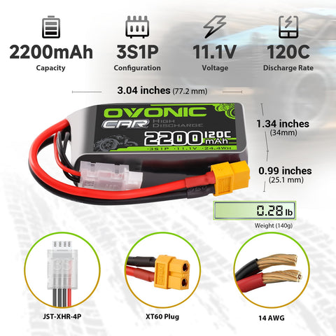 2 Pack Ovonic 2200mAh 11.1V 120C 3S Shorty LiPo Battery Pack with XT60 Plug for FPV Drones, RC Airplanes, and Compact Vehicles