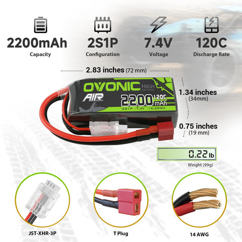 2Pack Ovonic 7.4V 120C 2S 2200mAh LiPo Battery Pack with Deans-T Plug for Traxxas 1/16 Scale Vehicles and Mini RC Models