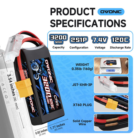 2 Pack Ovonic 3200mAh 7.4V 120C 2S LiPo Battery Pack with XT60-TRA Multi-Plug Connector for Traxxas and Standard RC Vehicles