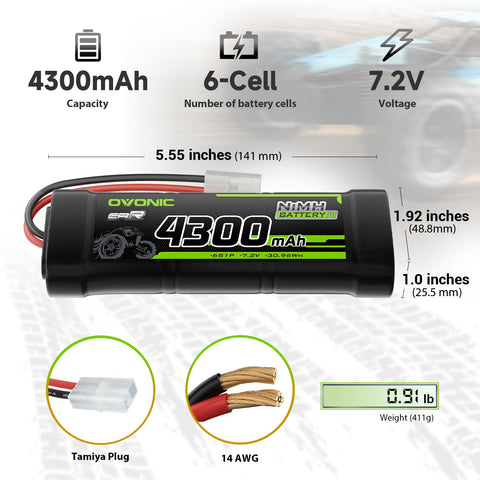 [2-Pack] Ovonic 4300mAh 7.2V 6-Cell NiMH Battery Pack with TMY Connector for RC Cars and Trucks