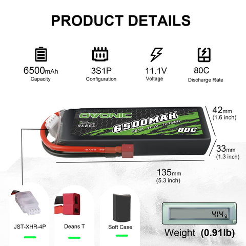 Ovonic 6500mAh 11.1V 80C 3S Softcase LiPo Battery Pack with Deans T Connector for RC Cars, Trucks, and Airplanes