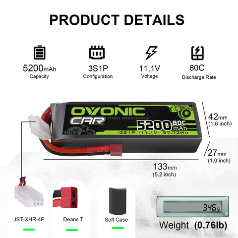 Ovonic 5200mAh 11.1V 80C 3S Softcase LiPo Battery Pack with Deans T Connector for 1/10 Scale RC Cars, Trucks, and Airplanes