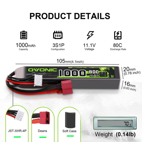 [2-Pack] Ovonic 1000mAh 11.1V 80C 3S LiPo Battery Pack with Deans Connector for Airsoft AEG Rifles