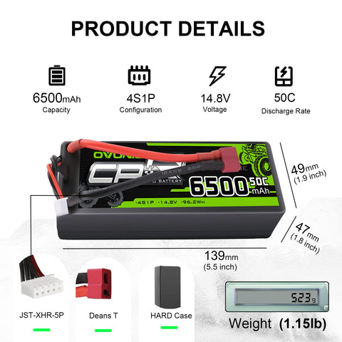 OVONIC 4S LiPo Battery Pack 6500mAh 50C 14.8V Hardcase with Deans Plug 1/8 Scale RC Cars RC Truggy RC Buggy(1/2 Pack)