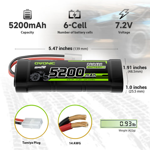 2-Pack OVONIC 7.2V 5200mAh NiMH RC Battery with TMY Connector | High-Capacity 6-Cell Stick Pack for 1/10 Scale RC Cars, Trucks, Buggies & Boats