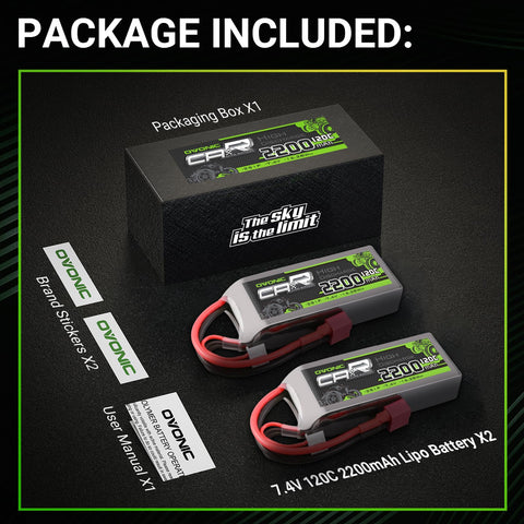 [2-Pack] Ovonic 2200mAh 7.4V 120C 2S LiPo Battery Pack with Deans T Connector for RC Cars, Trucks, and Boats
