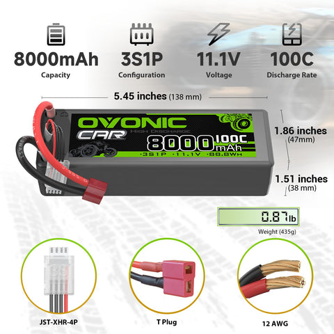 2-Pack OVONIC 11.1V 8000mAh 100C 3S Hardcase LiPo Battery Pack with Deans (T) Plug for 1/10 Scale RC Cars, Monster Trucks & Bashers