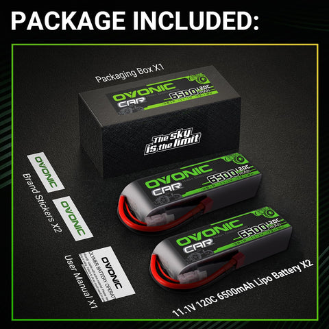 2 Pack Ovonic 6500mAh 11.1V 120C 3S Hardcase LiPo Battery Pack with Deans T Connector for RC Cars and Trucks