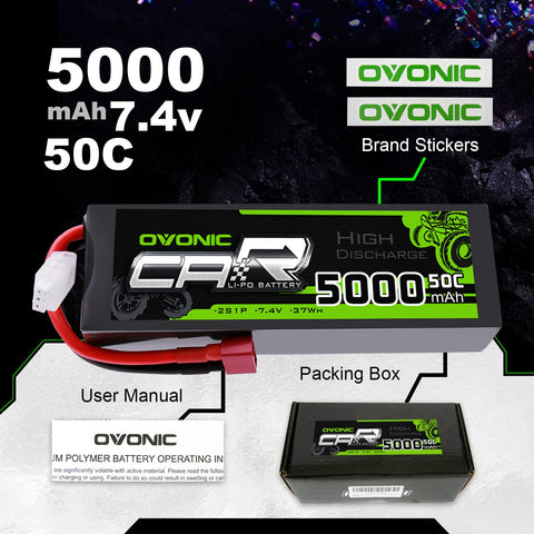 Batterie LiPo OVONIC 2S 7,4 V 5000 mAh 50C Boîtier rigide Connecteur Deans pour voitures RC à l'échelle 1/10, compatible HPI Racing (2 pièces/1 pièce)