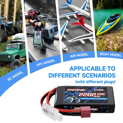 2Pack Ovonic 7.4V 120C 2S 2200mAh LiPo Battery Pack with T-TRA Plug for Traxxas 1/16 Scale Vehicles and Mini RC Models