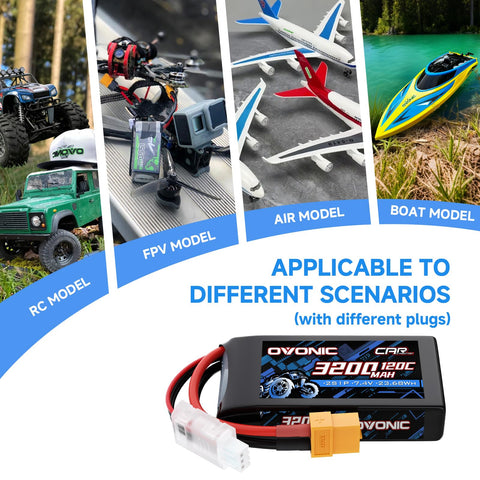 2 Pack Ovonic 3200mAh 7.4V 120C 2S LiPo Battery Pack with XT60-TRA Multi-Plug Connector for Traxxas and Standard RC Vehicles