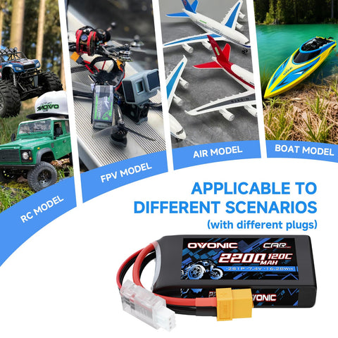 2 Pack Ovonic 7.4V 120C 2S 2200mAh LiPo Battery Pack with XT60-TRA Plug for Traxxas 1/16 Scale Vehicles and Mini RC Models