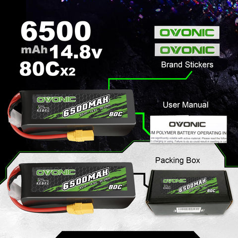2 Pack Ovonic 6500mAh 14.8V 80C 4S Softcase LiPo Battery Pack with XT90 Plug for 1/8 Scale RC Cars, Heavy-Lift Drones, and Large Aircraft