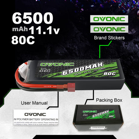 Ovonic 6500mAh 11.1V 80C 3S Softcase LiPo Battery Pack with Deans T Connector for RC Cars, Trucks, and Airplanes