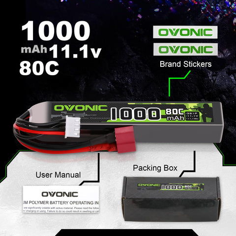 [2-Pack] Ovonic 1000mAh 11.1V 80C 3S LiPo Battery Pack with Deans Connector for Airsoft AEG Rifles