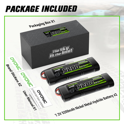 2-Pack OVONIC 7.2V 5200mAh NiMH RC Battery with TMY Connector | High-Capacity 6-Cell Stick Pack for 1/10 Scale RC Cars, Trucks, Buggies & Boats