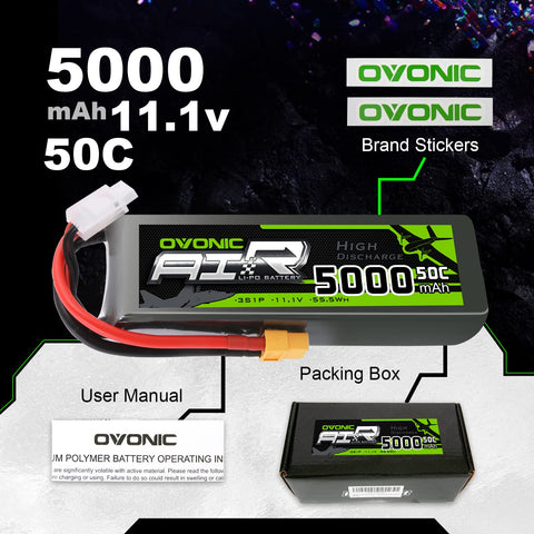 [2-Pack] Ovonic 5000mAh 11.1V 50C 3S LiPo Battery Pack with XT60 & TRX Adapter for RC Cars, Trucks, and Boats