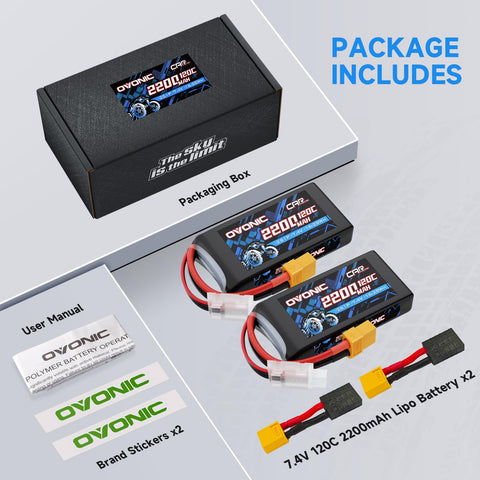 2 Pack Ovonic 7.4V 120C 2S 2200mAh LiPo Battery Pack with XT60-TRA Plug for Traxxas 1/16 Scale Vehicles and Mini RC Models